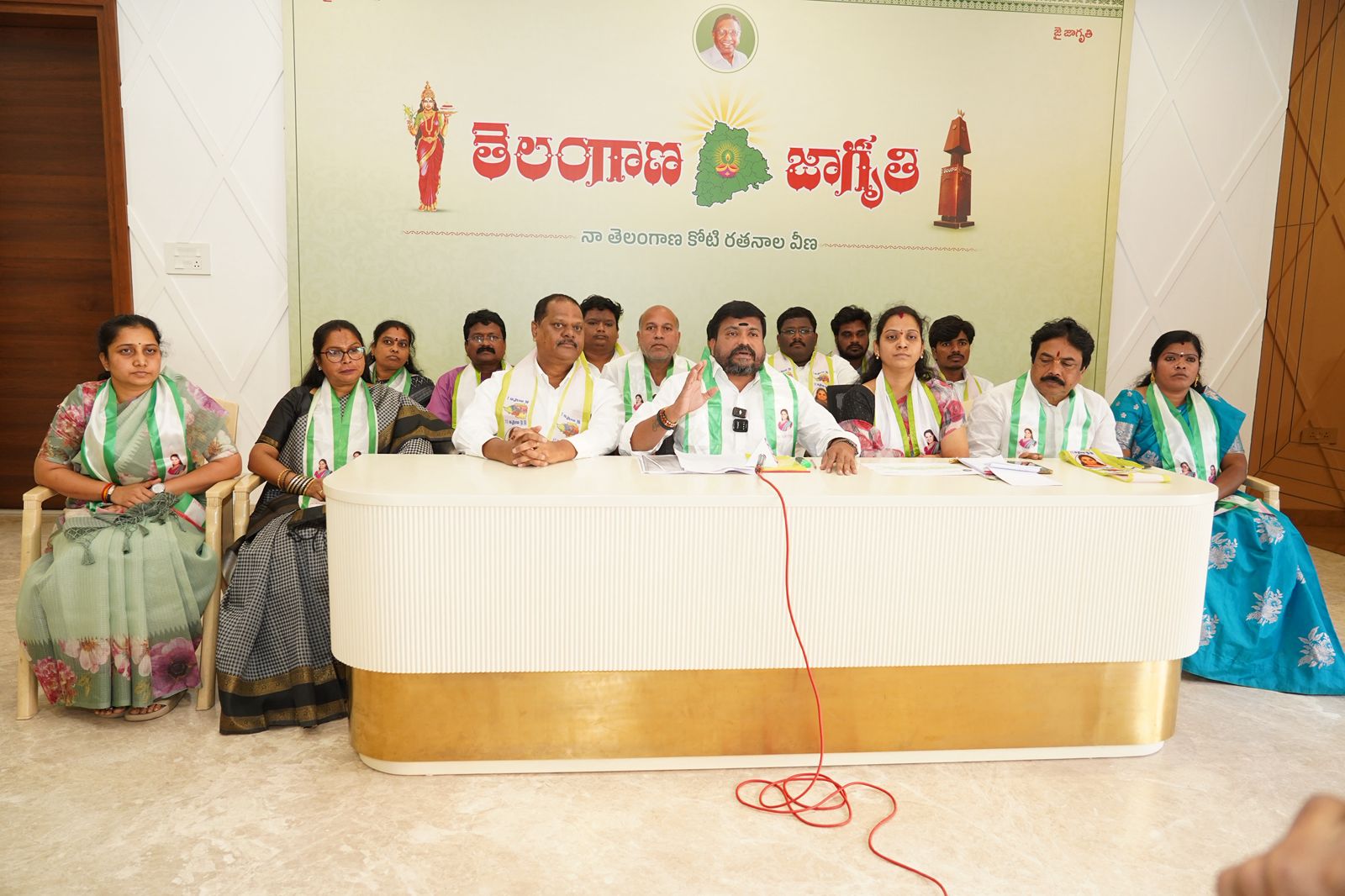 Media conference at Telangana Jagruthi office in Banjara Hills condemning statements made against Kalvakuntla Kavitha.