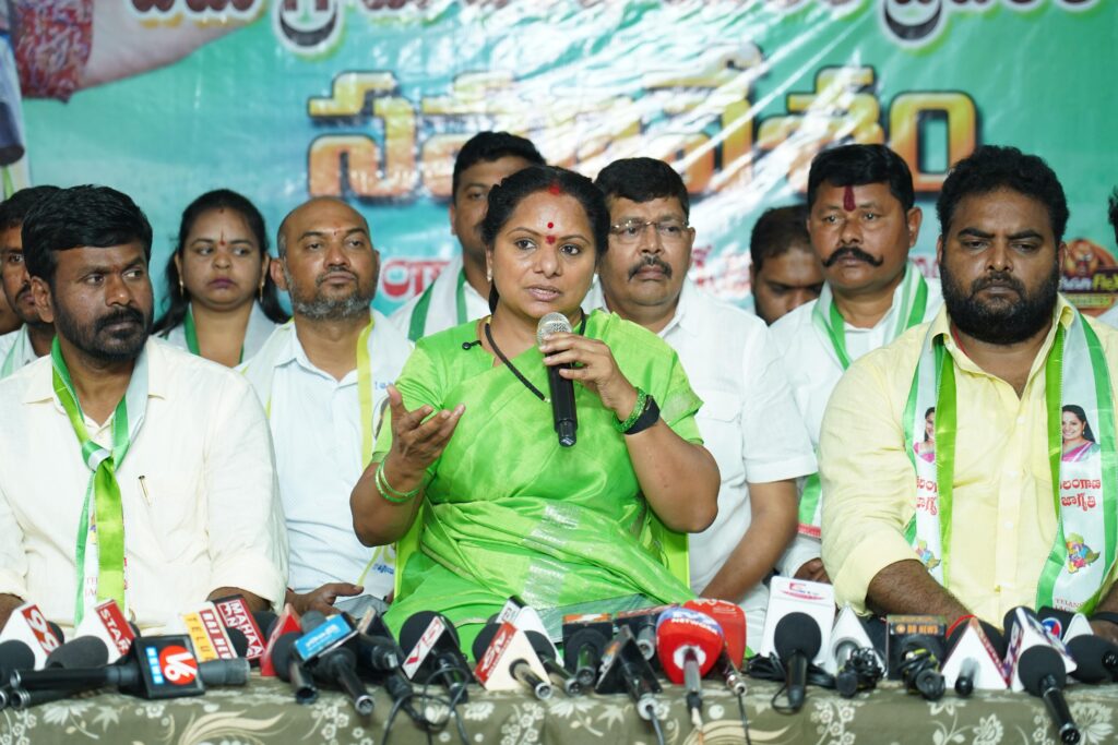 Kalvakuntla Kavitha addressing media on government neglect towards tribals in Bhadrachalam