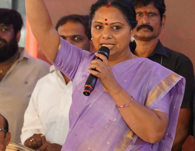 Kalvakuntla Kavitha speaking during Jagruthi Janam Bata, asserting that the government-ordered inquiry into IDPL and public land encroachments is a Telangana Jagruthi victory