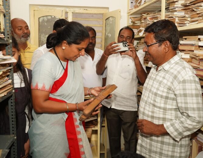 Kavitha examines palm leaf manuscripts of Kapilavai Lingamurthy