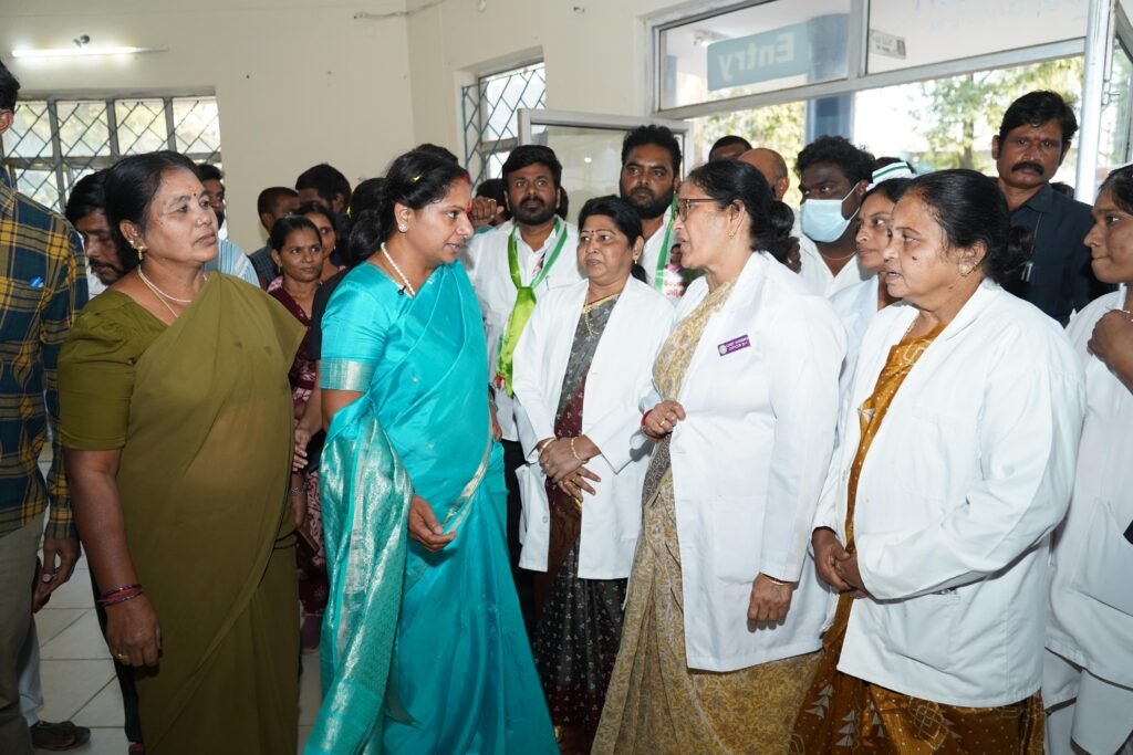 Kalvakuntla Kavitha inspecting facilities at Kothagudem Government Hospital and interacting with doctors and patients.