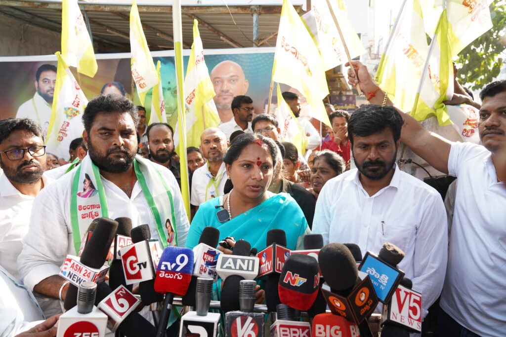 Kalvakuntla Kavitha addressing media and criticizing the Speaker’s verdict on defected MLAs in Telangana.