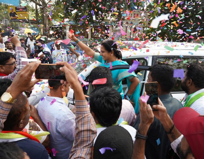 Kalvakuntla Kavitha participating in Jagruthi Janam Bata in Bhadradri Kothagudem district and addressing public issues