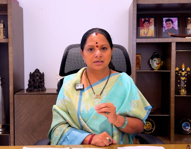 Kalvakuntla Kavitha addressing media over backdoor backlog recruitment in Telangana