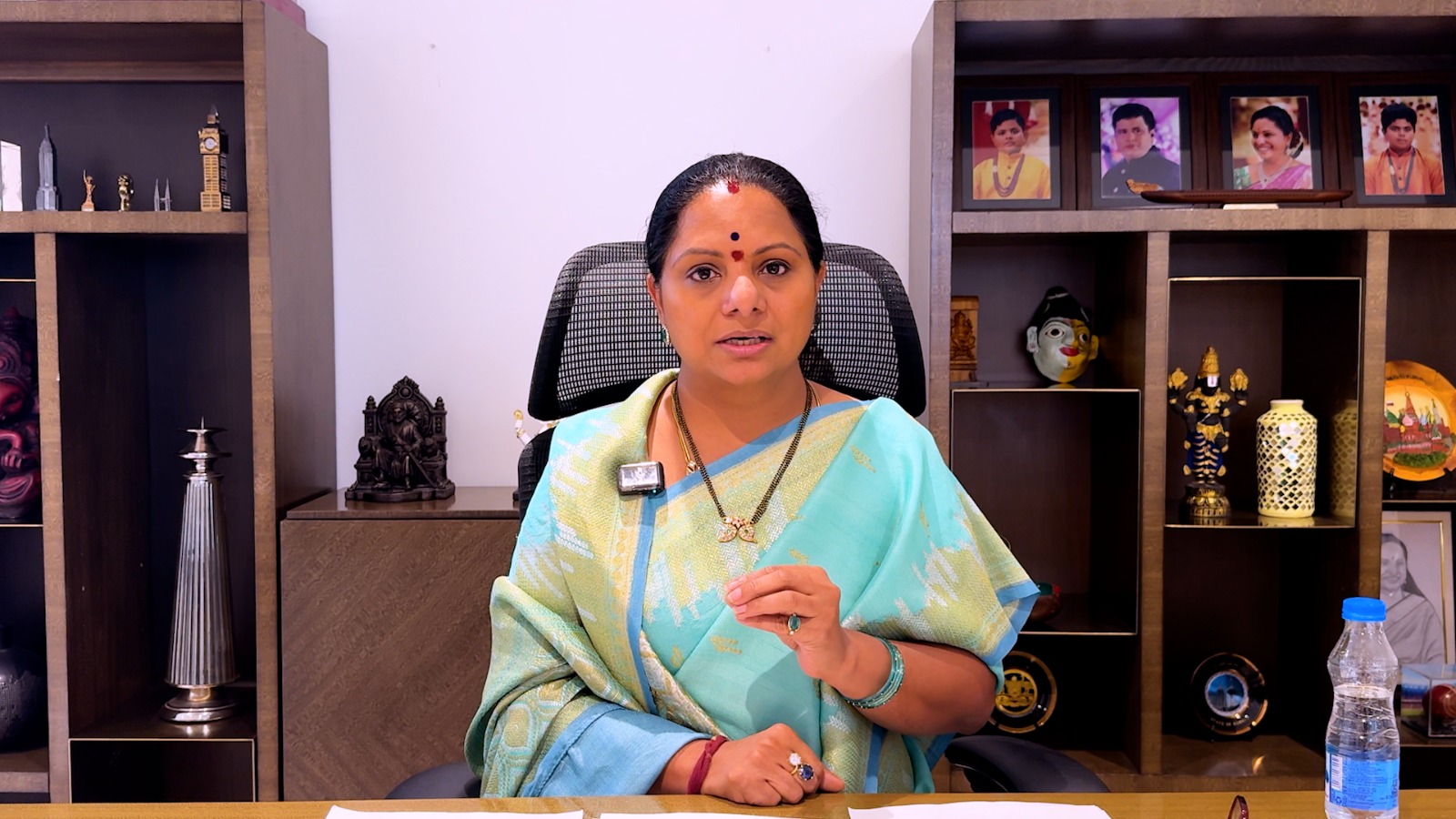 Kalvakuntla Kavitha addressing media over backdoor backlog recruitment in Telangana