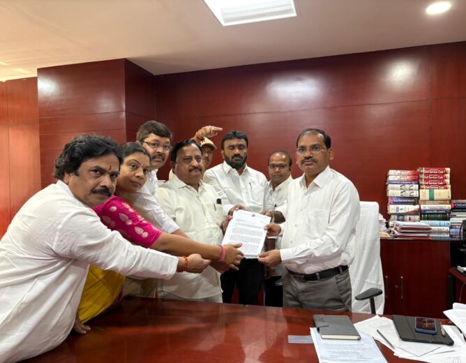 Telangana Jagruthi leaders submitting a complaint to the Election Commission against CM Revanth Reddy for alleged misuse of power during municipal elections