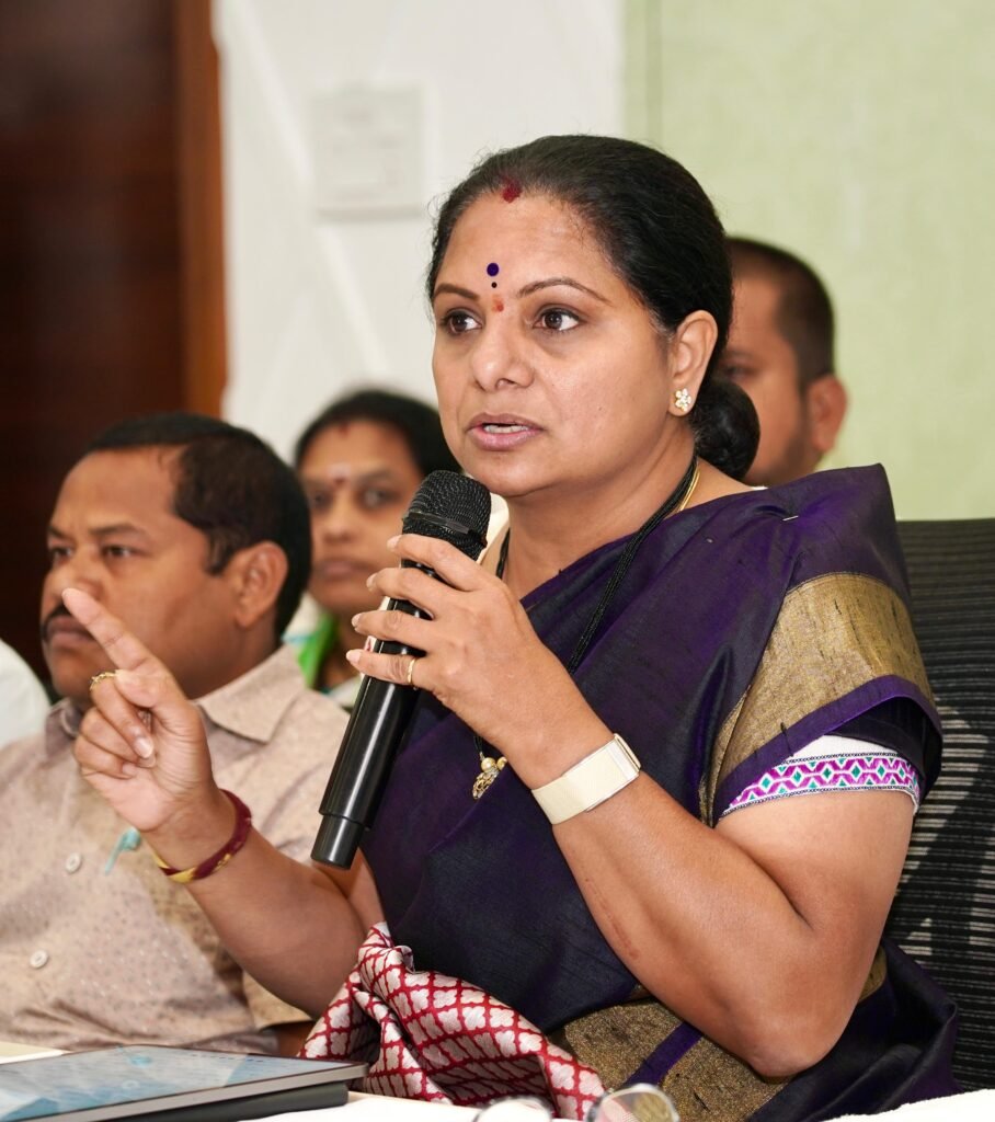 Kalvakuntla Kavitha addressing the media during a press conference in Hyderabad