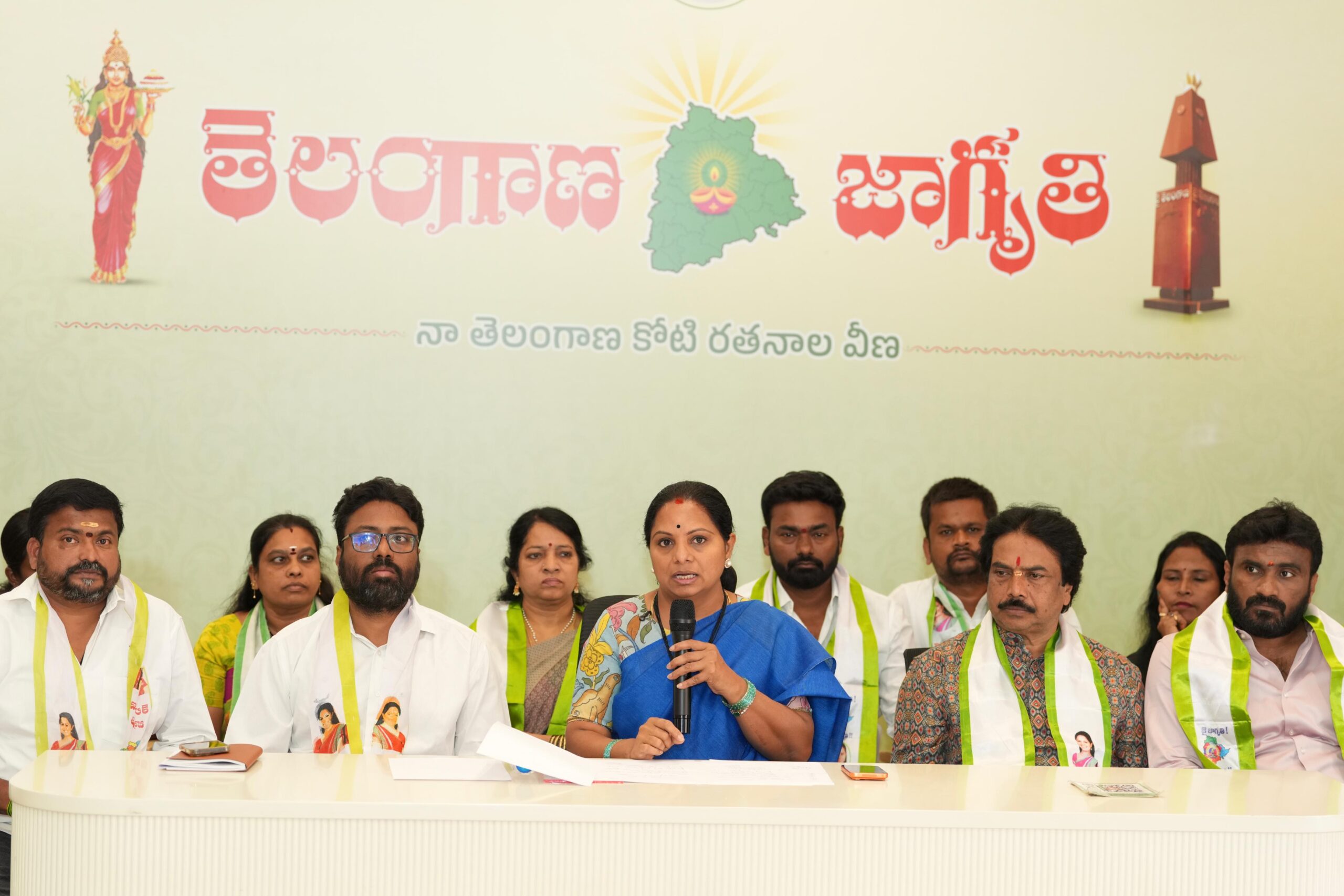 Kalvakuntla Kavitha addressing a press meet in Hyderabad on GHMC corruption allegations against the Revanth Reddy government