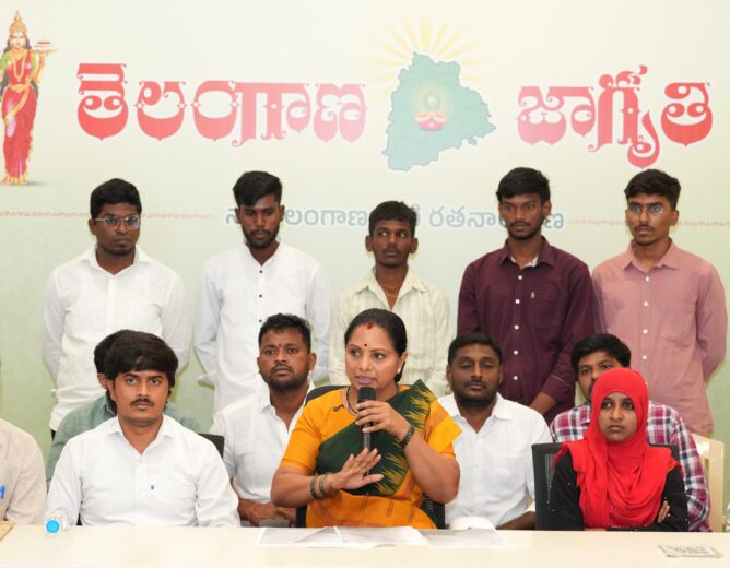 Kalvakuntla Kavitha addressing media on Telangana job recruitment issues and controversial government orders affecting unemployed youth