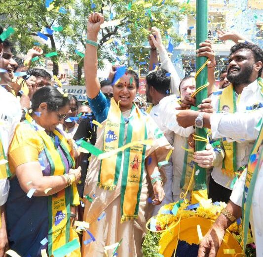 Kalvakuntla Kavitha pays tribute to Dr. B.R. Ambedkar, unveils Telangana Rakshana Sena flag, and addresses a public meeting in Moinabad