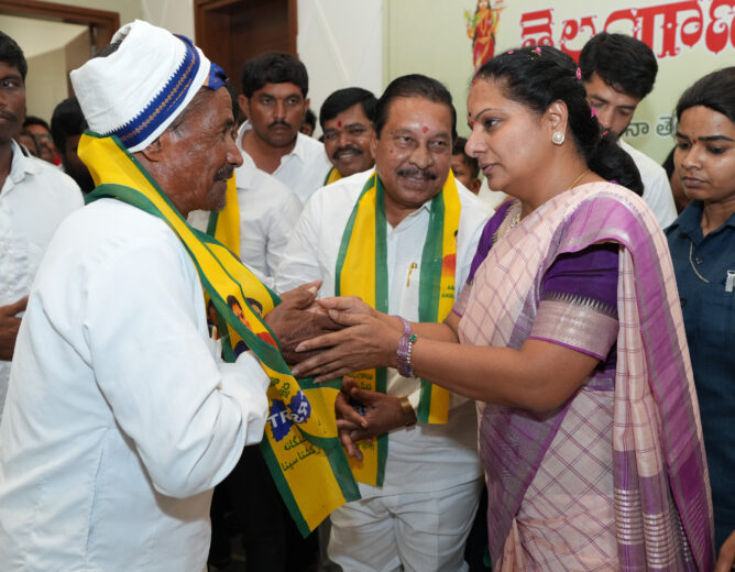Telangana Rakshana Sena chief Kalvakuntla Kavitha welcomed leaders and workers from Bodh, Khairatabad, Amberpet and Narsapur constituencies into the party during a large joining event held in Hyderabad.