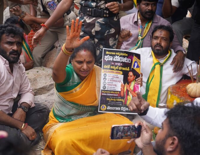 Kalvakuntla Kavitha addressing media after release from Bollaram Police Station following Boduppal land protest arrest