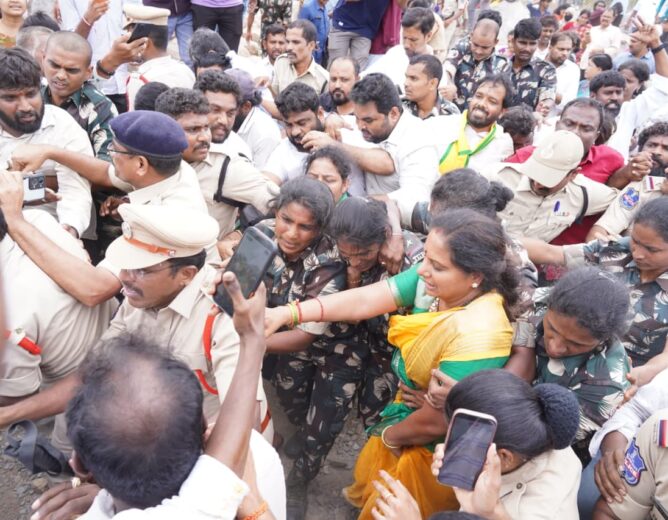 Kalvakuntla Kavitha being detained during the Boduppal land protest over HMDA lands in Hyderabad.
