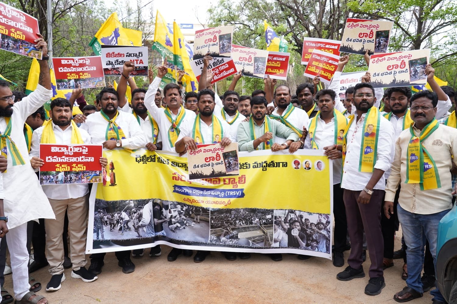 Students of Telangana Rakshana Sena organised a rally at Osmania University supporting nationwide protests over the NEET paper leak