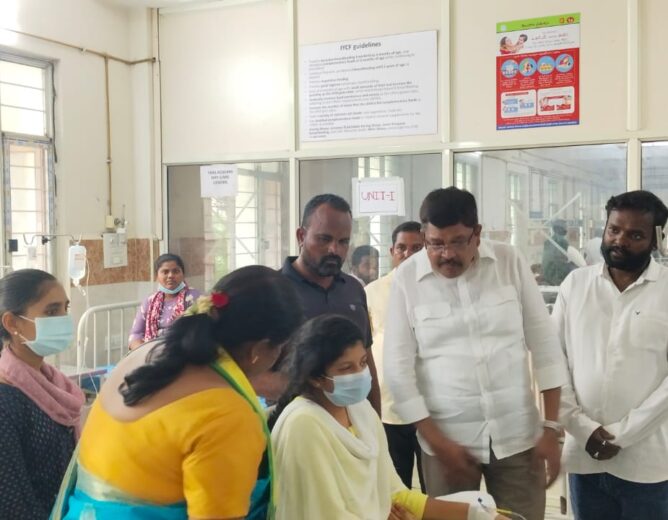 Telangana Rakshana Sena leaders Syed Ismail and Surarapu Krishnaveni visiting hospitalized nursing students at Suryapet Area Hospital