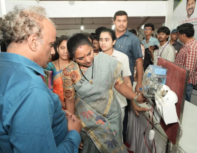 Kalvakuntla Kavitha examining smart electricity meters at the Power Expo 2026 in Hyderabad