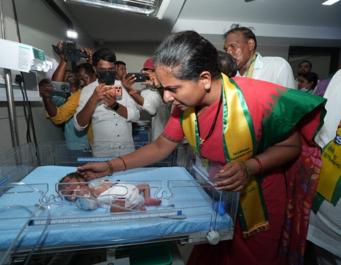 K Kavitha visited families affected by the RIMS Adilabad fire after five infants died, offering support and raising concerns over hospital safety and response